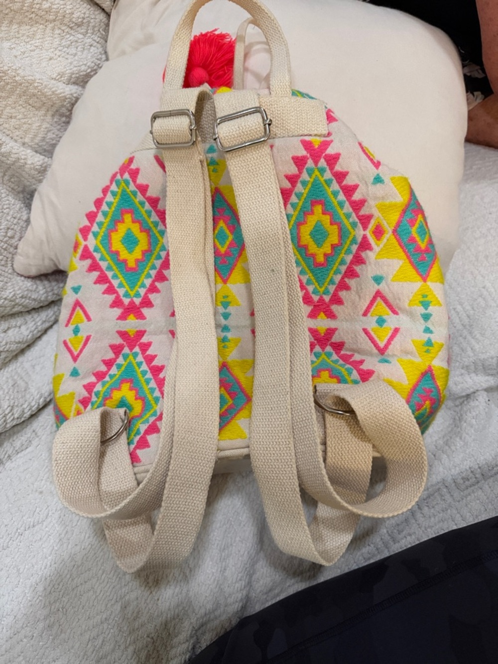 Embroidered Drawstring Backpack with Neon Pink & Turquoise Accents - Picture 2 of 5